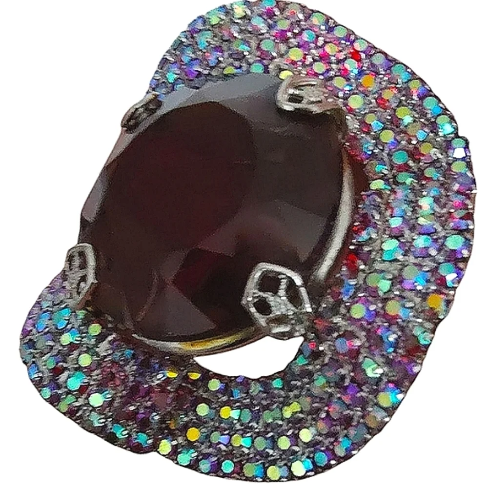 Vintage Wavy Silver Tone Topaz Red Givre Glass & AB Rhinestone Unsigned